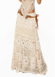 Simple Beige High Waist Hollow Out Knit Maxi Skirts