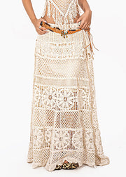 Simple Beige High Waist Hollow Out Knit Maxi Skirts
