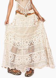 Simple Beige High Waist Hollow Out Knit Maxi Skirts