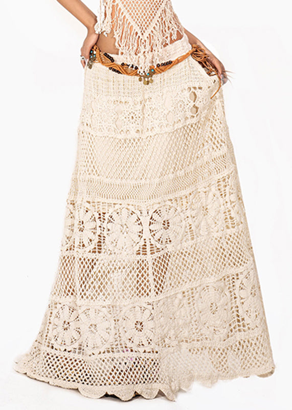 Simple Beige High Waist Hollow Out Knit Maxi Skirts
