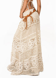 Simple Beige High Waist Hollow Out Knit Maxi Skirts