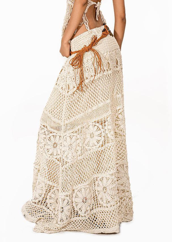 Simple Beige High Waist Hollow Out Knit Maxi Skirts