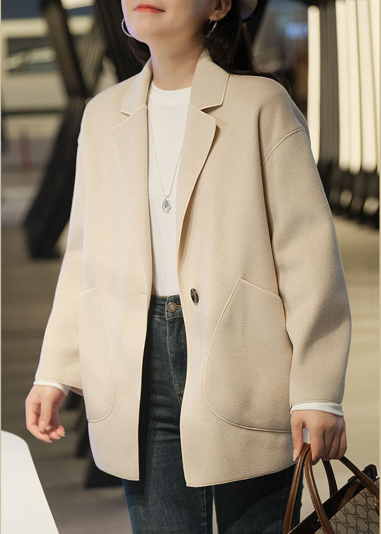 Elegant Beige Peter Pan Collar Button Leather And Fur Coats Spring YW034
