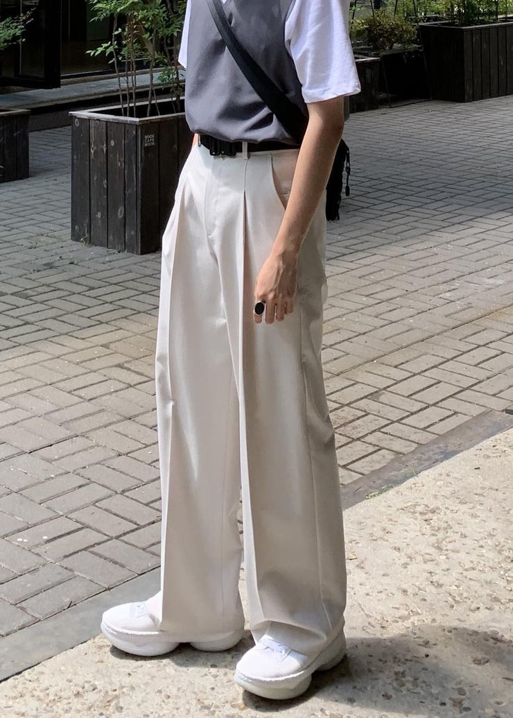 Simple Beige Pockets Solid High Waist Spandex Mens Pants Summer