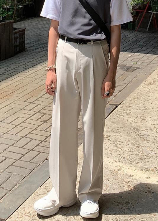 Simple Beige Pockets Solid High Waist Spandex Mens Pants Summer