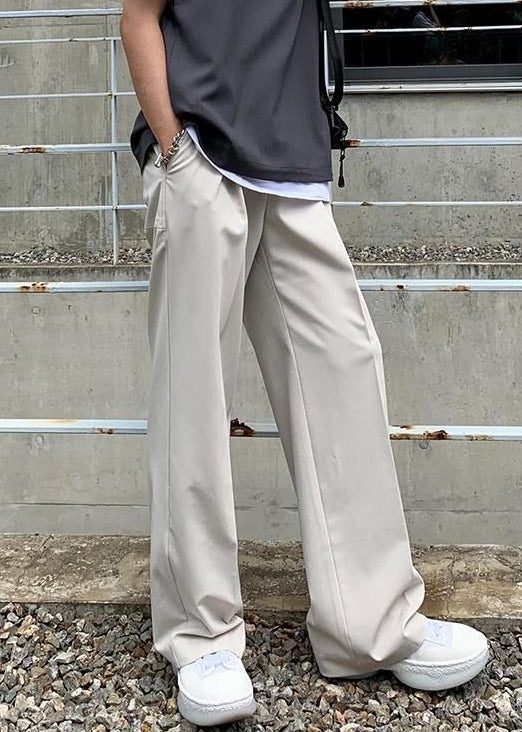 Simple Beige Pockets Solid High Waist Spandex Mens Pants Summer