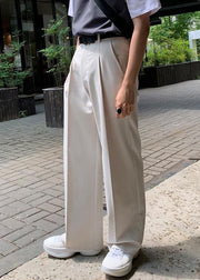 Simple Beige Pockets Solid High Waist Spandex Mens Pants Summer