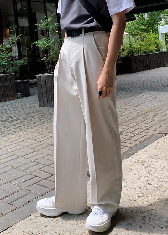 Simple Beige Pockets Solid High Waist Spandex Mens Pants Summer