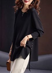 Simple Black  Zircon Side Open Cotton T Shirt Spring