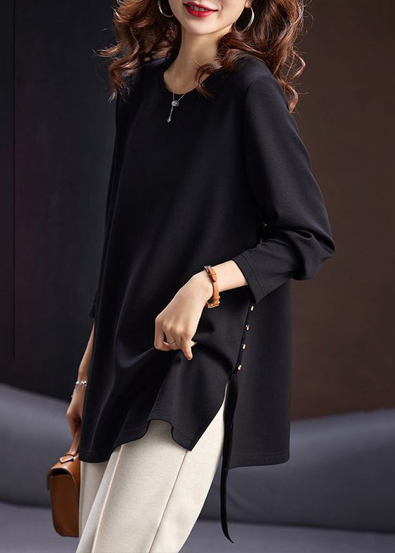 Simple Black  Zircon Side Open Cotton T Shirt Spring