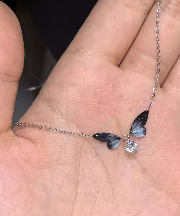 Simple Black Alloy Zircon Butterfly Pendant Necklace