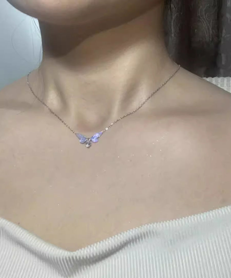 Simple Black Alloy Zircon Butterfly Pendant Necklace