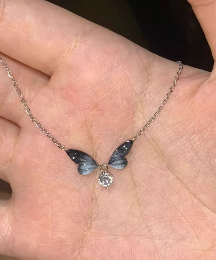 Simple Black Alloy Zircon Butterfly Pendant Necklace