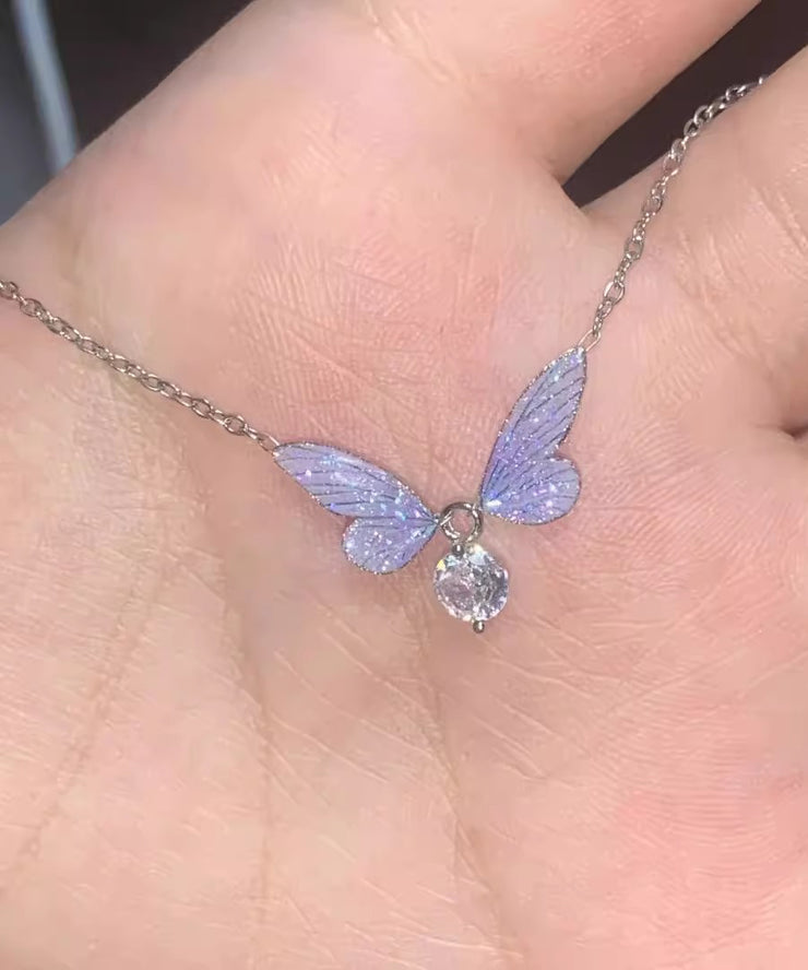 Simple Black Alloy Zircon Butterfly Pendant Necklace