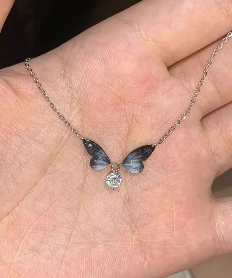Simple Black Alloy Zircon Butterfly Pendant Necklace