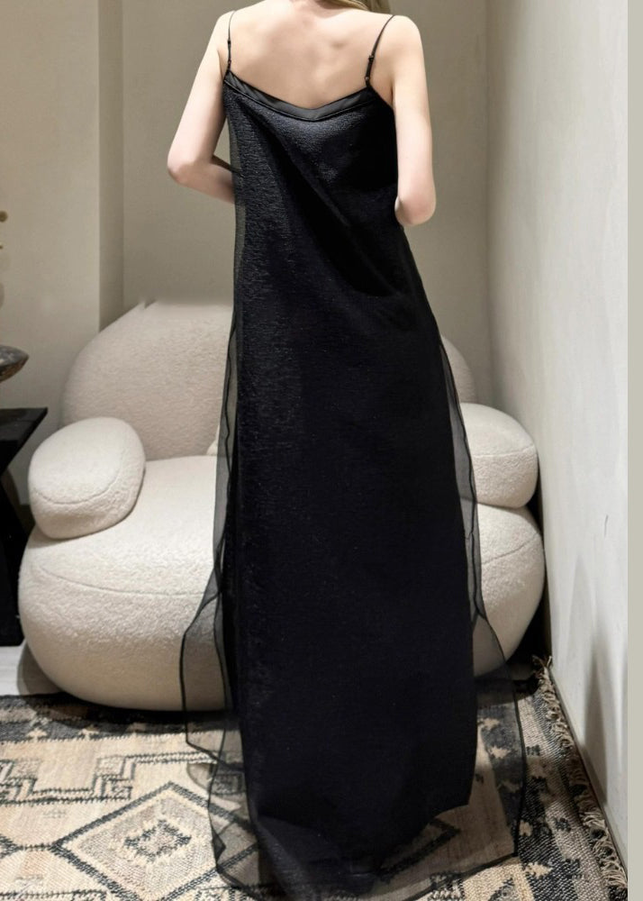 Simple Black Cold Shoulder Solid Tulle Spaghetti Strap Dress Sleeveless