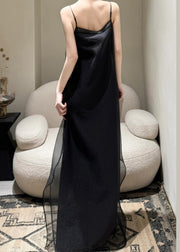 Simple Black Cold Shoulder Solid Tulle Spaghetti Strap Dress Sleeveless