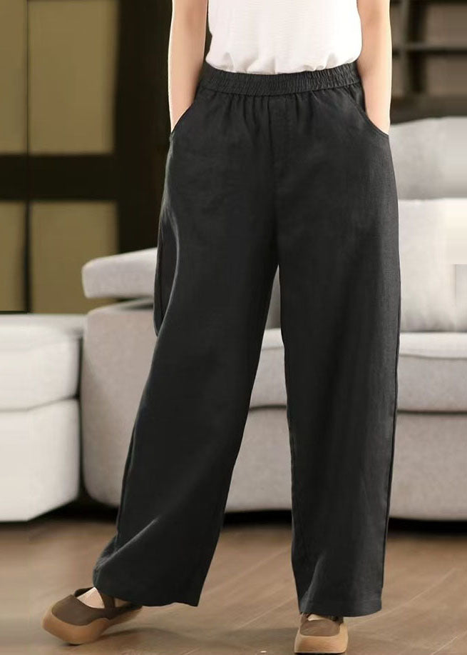 Simple Black Elastic Waist Oversized Linen Pants Trousers Summer