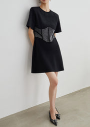 Simple Black High Waist Patchwork Cotton Dress Summer
