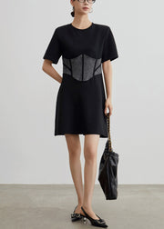 Simple Black High Waist Patchwork Cotton Dress Summer