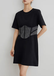 Simple Black High Waist Patchwork Cotton Dress Summer