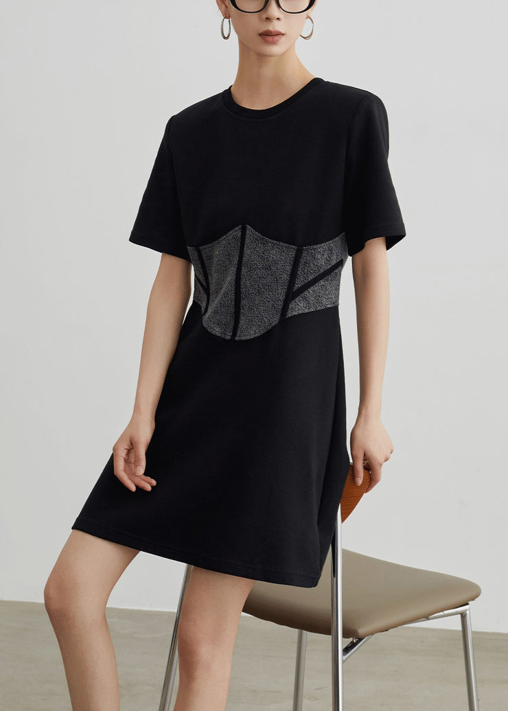 Simple Black High Waist Patchwork Cotton Dress Summer