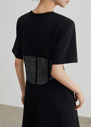 Simple Black High Waist Patchwork Cotton Dress Summer