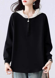 Simple Black Hooded Lace Patchwork Cotton T Shirt Fall