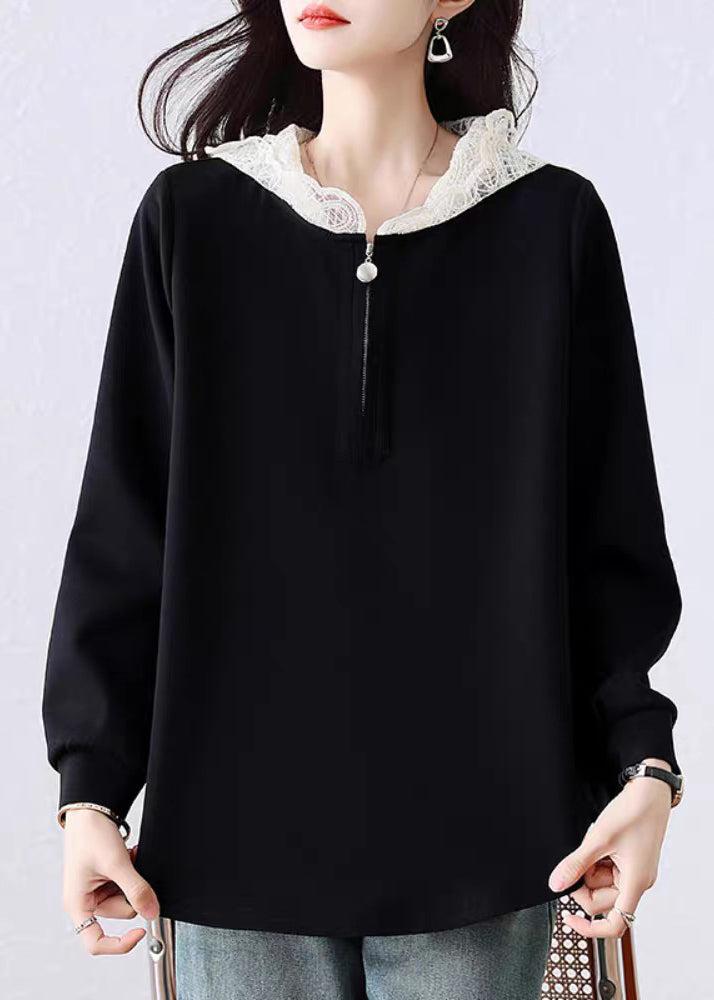 Simple Black Hooded Lace Patchwork Cotton T Shirt Fall