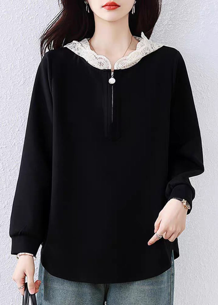 Simple Black Hooded Lace Patchwork Cotton T Shirt Fall