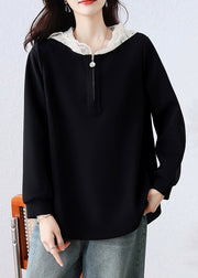 Simple Black Hooded Lace Patchwork Cotton T Shirt Fall