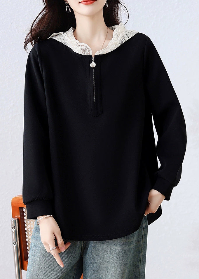 Simple Black Hooded Lace Patchwork Cotton T Shirt Fall