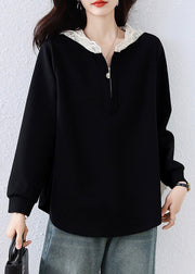 Simple Black Hooded Lace Patchwork Cotton T Shirt Fall