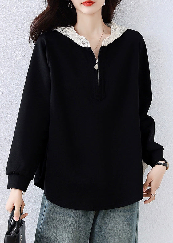 Simple Black Hooded Lace Patchwork Cotton T Shirt Fall