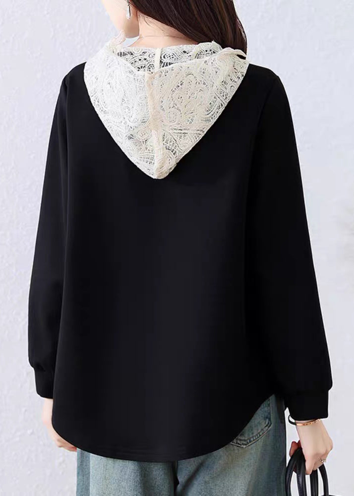 Simple Black Hooded Lace Patchwork Cotton T Shirt Fall