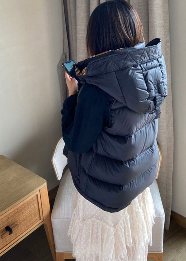 Simple Black Hooded Solid Color Duck Down Puffer Vest Sleeveless