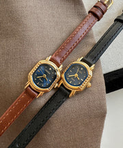 Simple Black Leather Metal Quartz Movement Hardlex Crystal Watches