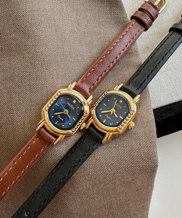Simple Black Leather Metal Quartz Movement Hardlex Crystal Watches