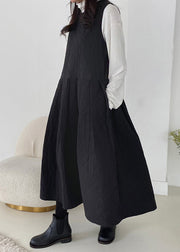Simple Black O-Neck Pockets Solid Cotton Filled Tank Dress Sleeveless