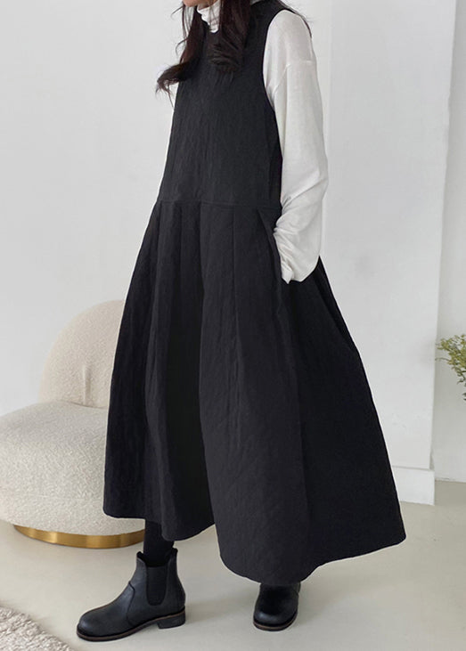 Simple Black O-Neck Pockets Solid Cotton Filled Tank Dress Sleeveless