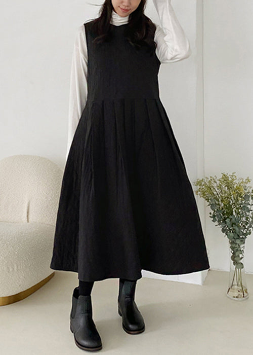 Simple Black O-Neck Pockets Solid Cotton Filled Tank Dress Sleeveless