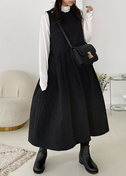Simple Black O-Neck Pockets Solid Cotton Filled Tank Dress Sleeveless