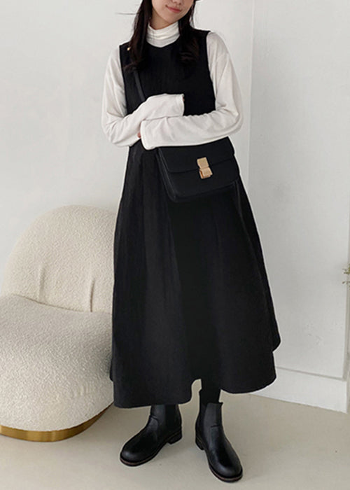 Simple Black O-Neck Pockets Solid Cotton Filled Tank Dress Sleeveless
