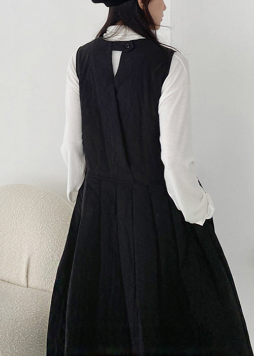 Simple Black O-Neck Pockets Solid Cotton Filled Tank Dress Sleeveless