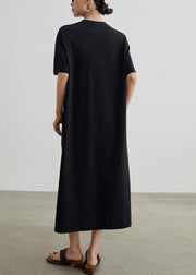 Simple Black O Neck Print Side Open Cotton T Shirt Dresses Summer
