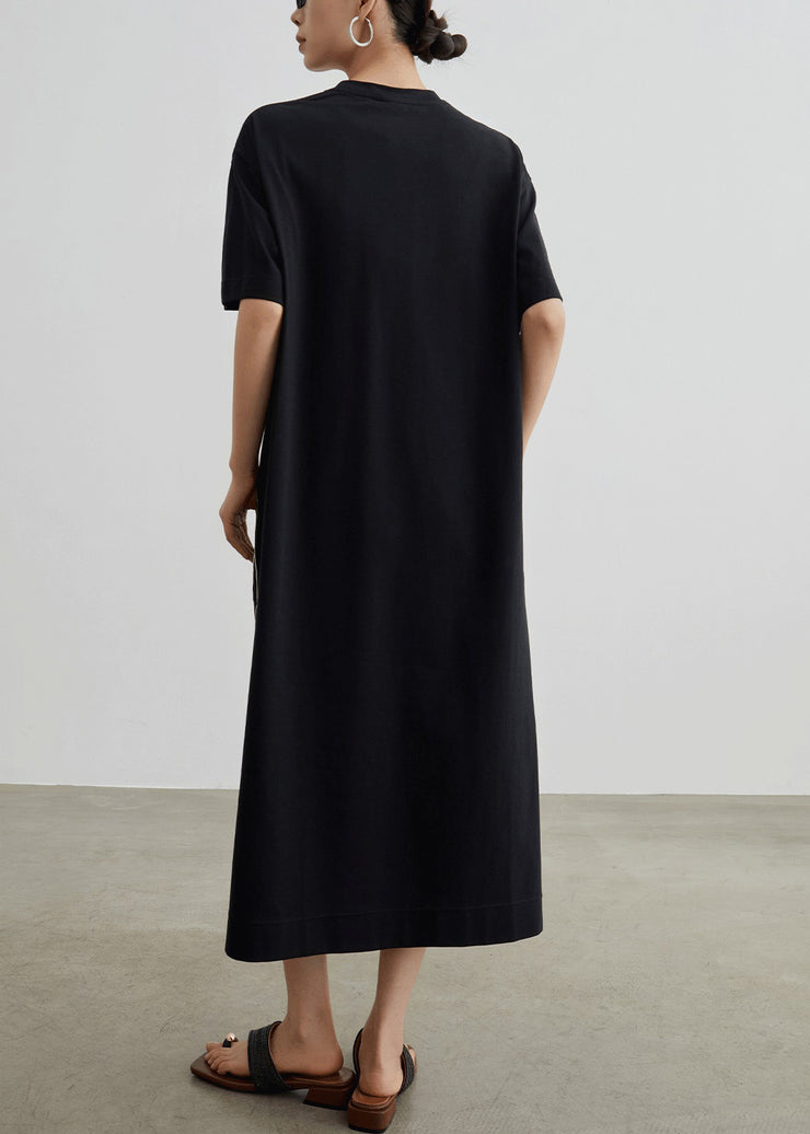 Simple Black O Neck Print Side Open Cotton T Shirt Dresses Summer