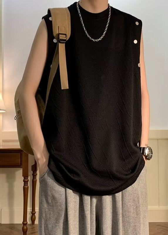 Simple Black O Neck Solid Cotton Men T Shirts Sleeveless