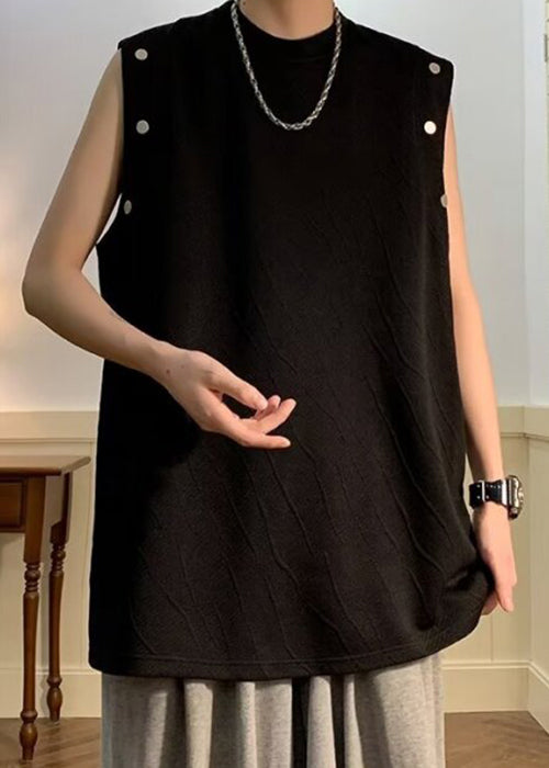 Simple Black O Neck Solid Cotton Men T Shirts Sleeveless