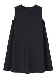 Simple Black O Neck Solid Pockets Cotton Mid Dress Sleeveless