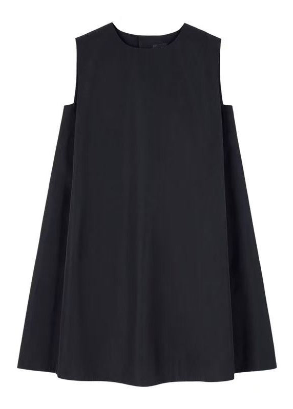 Simple Black O Neck Solid Pockets Cotton Mid Dress Sleeveless